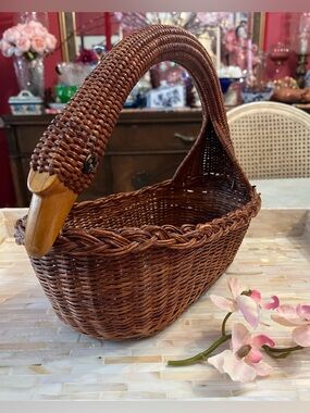 VTG Swan Neck-Shaped Rattan Woven Basket 13”x6”x4” Rustic Cottage Farm